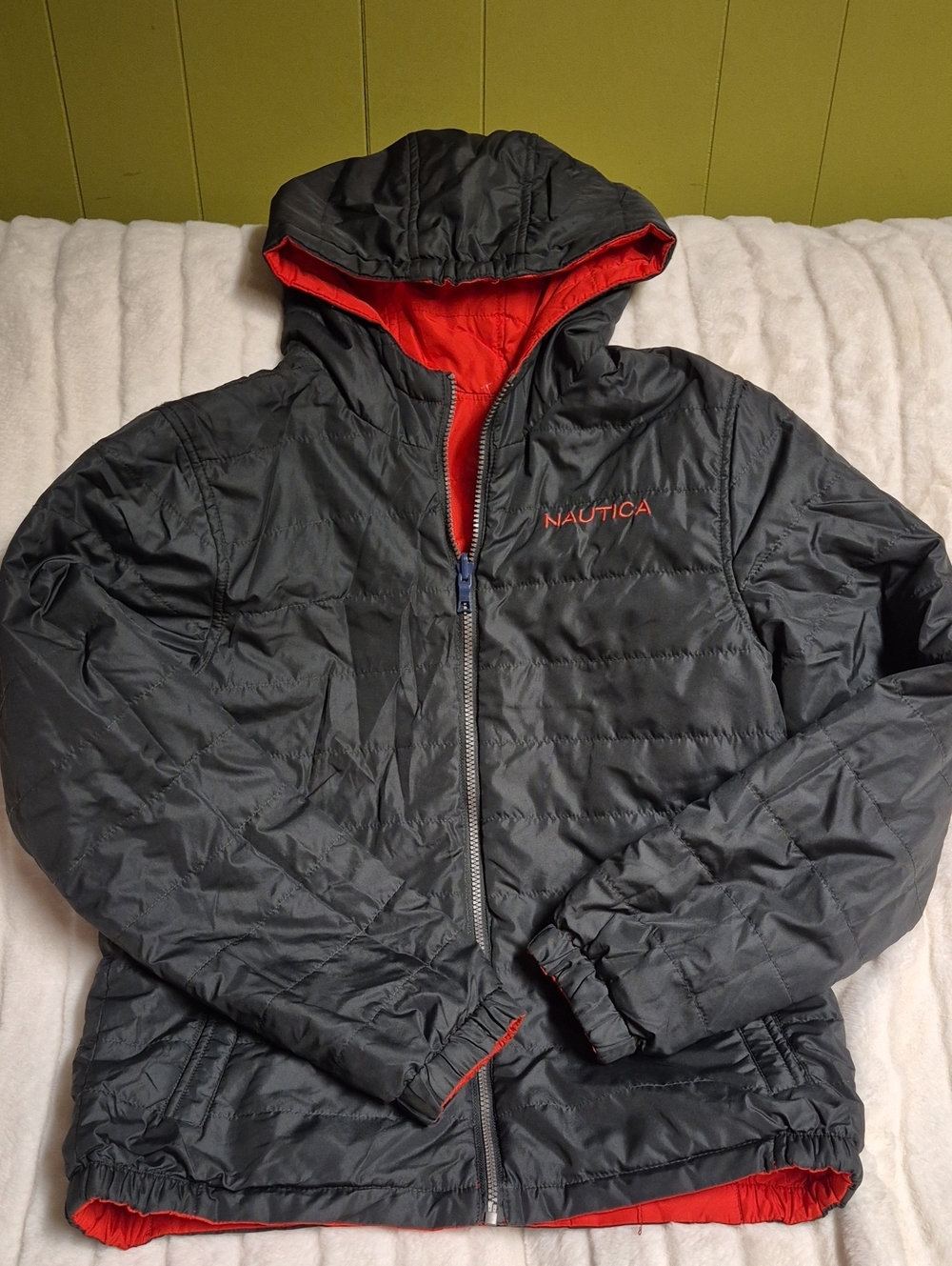 Reverse Nautica Boys Black Hooded Puffer Jacket with Red Lining